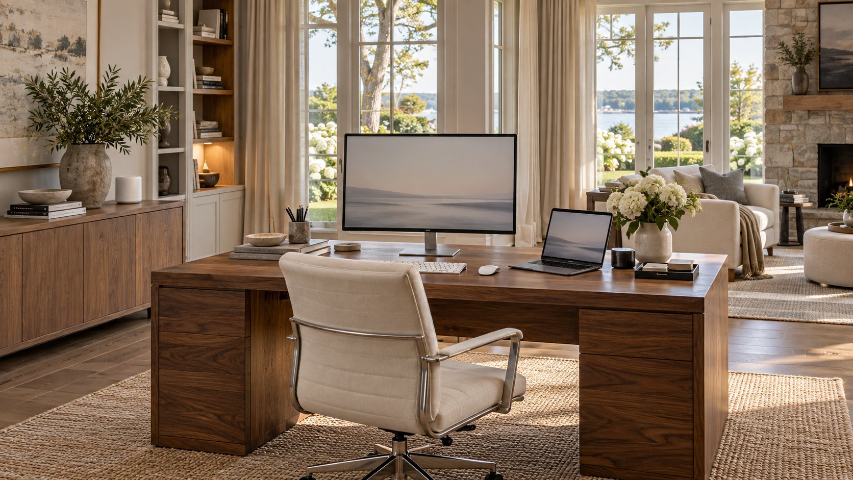 A warm home office with thoughtfully arranged screens and discreet technology.